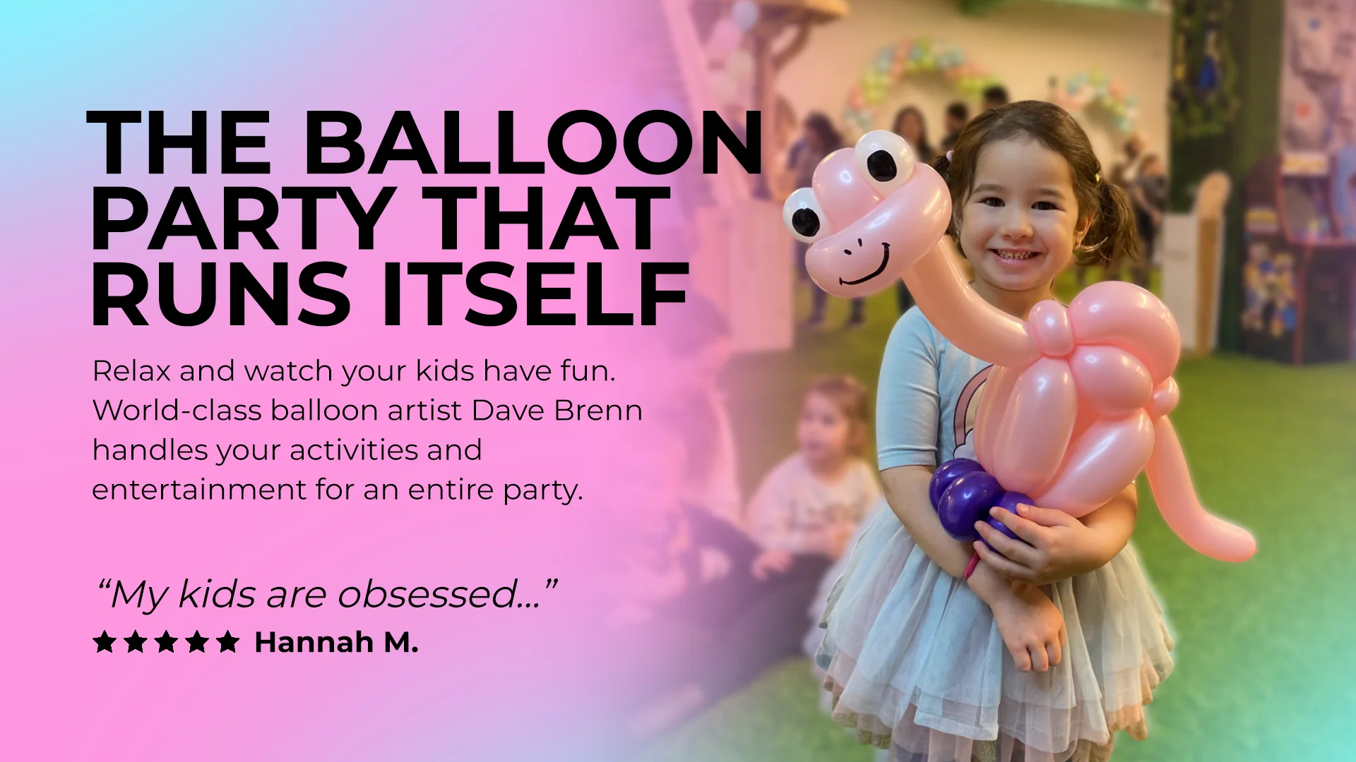 Young girl smiling and holding a pink dinosaur balloon sculpture at a Dave Brenn party