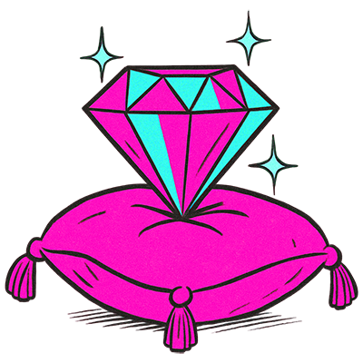Sparkling diamond on a pink pillow representing the quality, elegance, and easy-to-book experience of Dave Brenn’s all-in-one balloon entertainment.