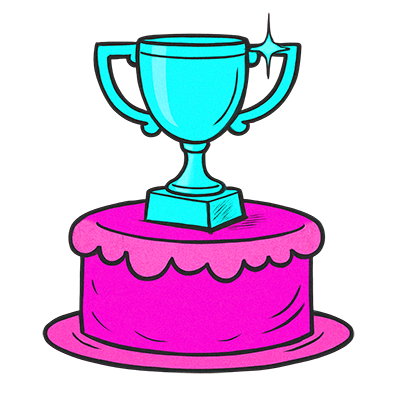 Cartoon trophy on top of a pink cake symbolizing celebration, achievement, and party excellence for Dave Brenn’s show.