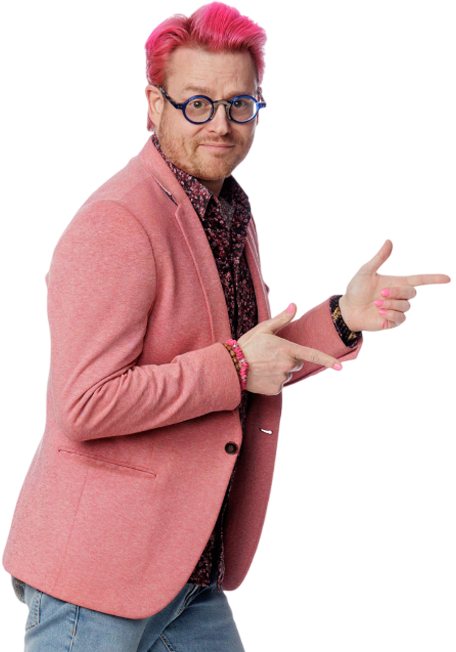 Dave Brenn striking multiple fun poses in a pink blazer with pink hair, shown in a dynamic multiplicity effect on a sparkly pink background.