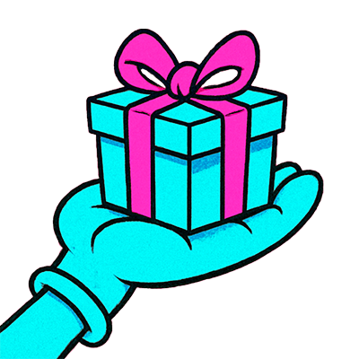 Icon of a hand holding a wrapped gift box, representing balloon art creations that kids can take home.